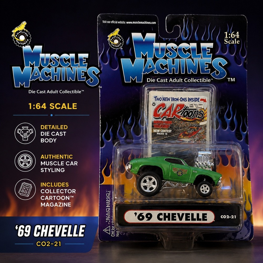 Muscle Machines 69 Chevelle‎ Green 1:64 Diecast Car Funline C02-21 with Iron-Ons
